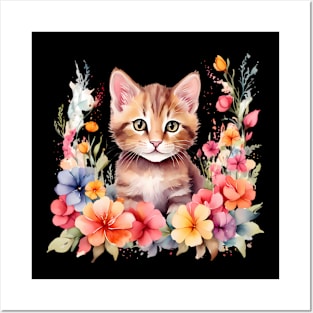 A cat decorated with beautiful watercolor flowers Posters and Art